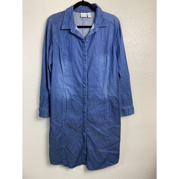 Chico's 1 Blue denim Chambray Long Sleeve Shirt Dress Size Medium Button Up - Picture 1 of 15